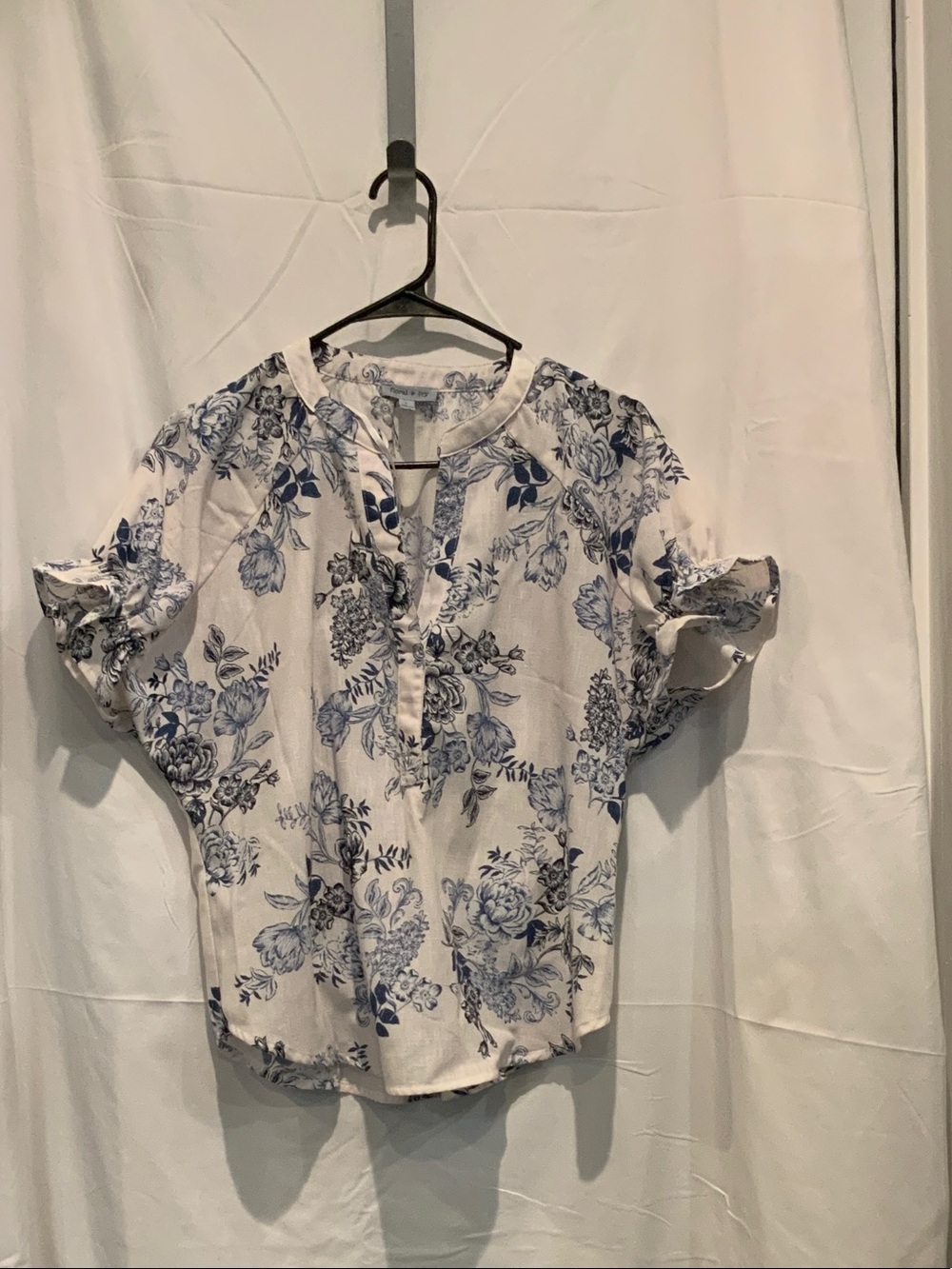 White and Blue Floral Henley Blouse - Women's Top